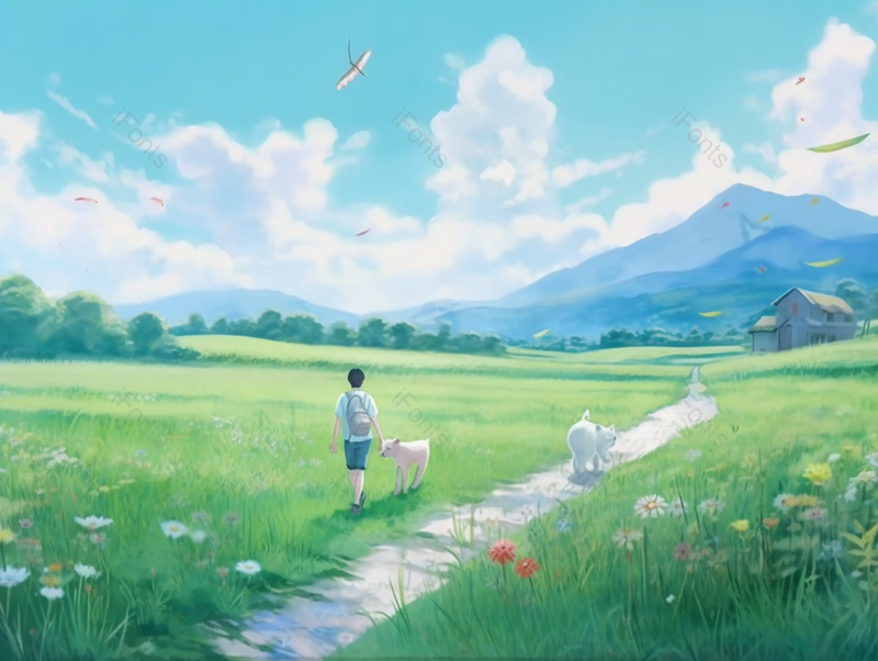 男孩带宠物小狗散步春季夏季草坪草地户外郊游蓝天白云美景插画,插画/手绘图,插画/手绘图库,插画/手绘图下载,插画/手绘